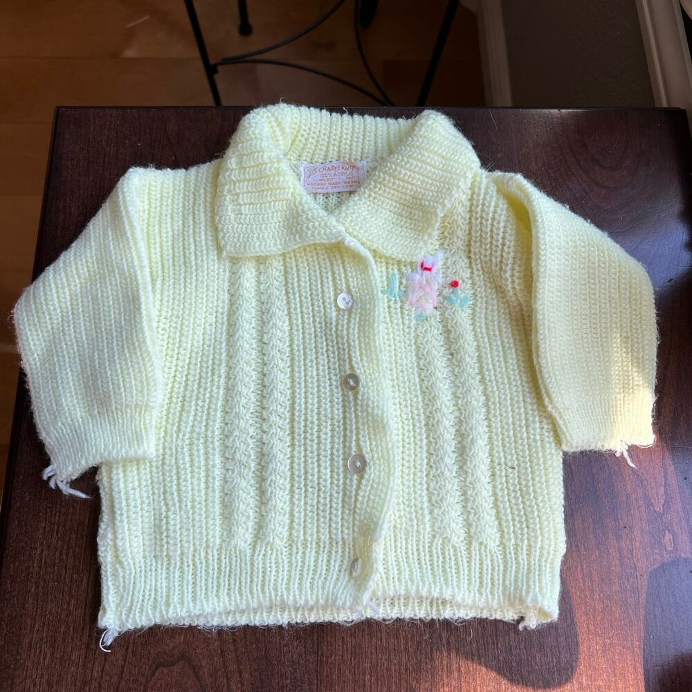 Vintage CRADLE KNIT embroidered flowers Sweater Cardigan 3 mon yellow cardigan